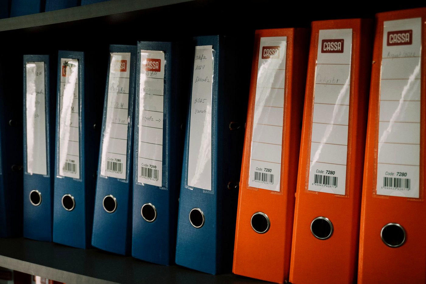 A row of colour-coded office ring binders standing on a shelf.