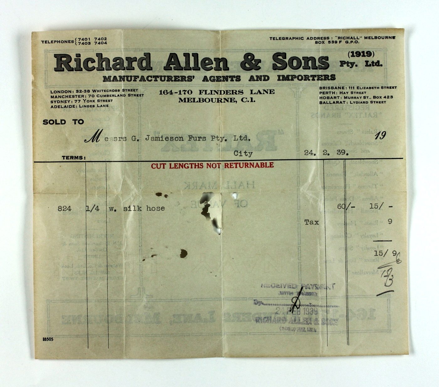 A printed commercial receipt from Richard Allen and Sons of Melbourne, filled in by hand.