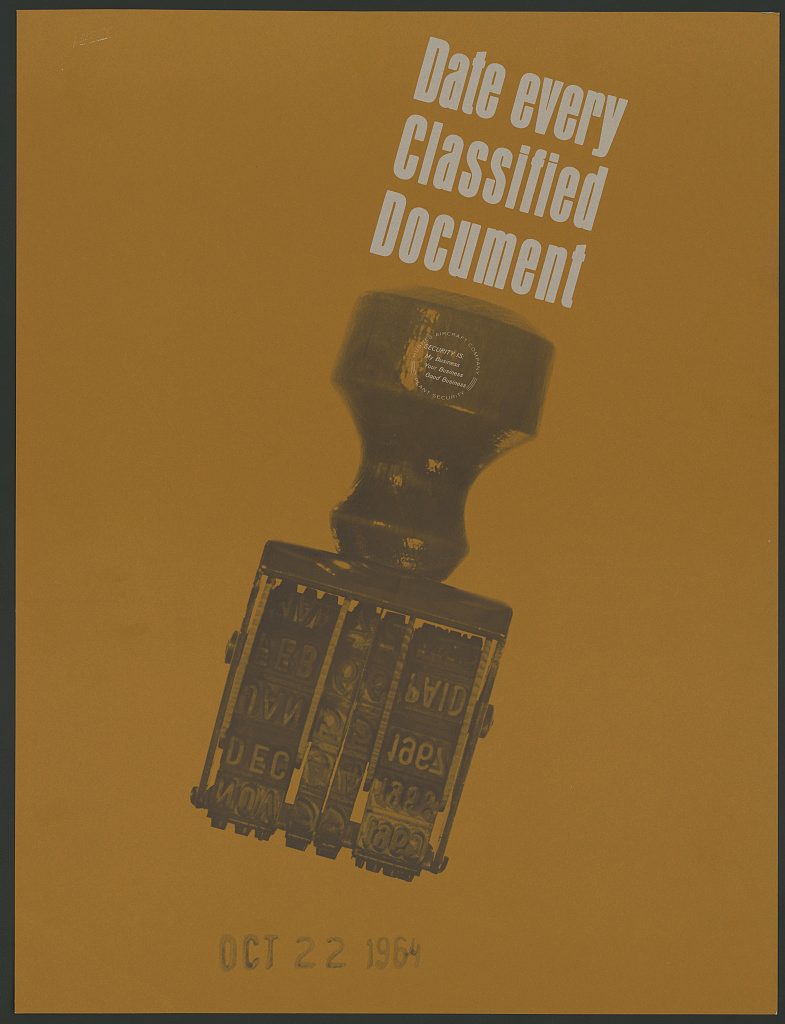 A 1964 industrial security poster showing a hand date stamp, headed: Date every Classified Document.
