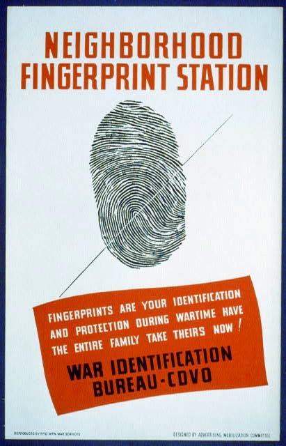 A wartime poster advertising a neighbourhood fingerprint station run by the War Identification Bureau.